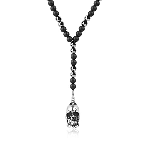 GAVU Collar Largo para Hombre con Colgante de Calavera y Cuentas de Piedra Natural Ónice y Hematita