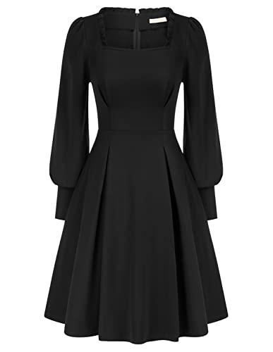 Belle Poque Vestido gótico para mujer con volantes y cuello cuadrado de manga larga vestido de línea A,...