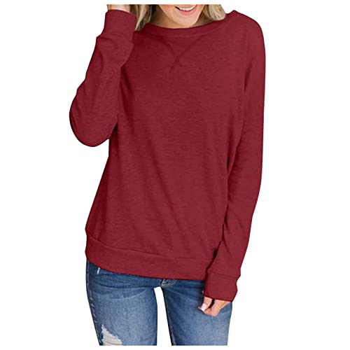 Camisetas de manga larga con cuello redondo para mujer, estilo informal, sueltas, con bolsillos, Vino, XXXL