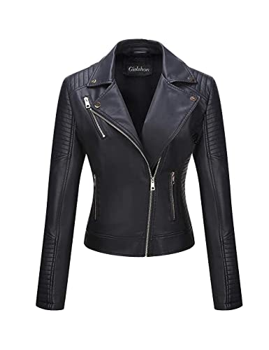 Giolshon Chaqueta de Cuero Sintético para Mujer Abrigo Corto de Motociclista de Otoño Elegantes 53 Negro XL