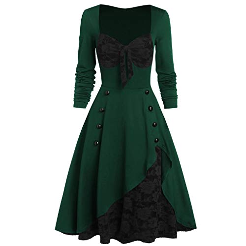 LOSSLO Vestido gótico para mujer, estilo punk, retro, encaje, botón, maxi vestido de bruja, parte superior...