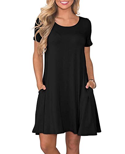 WNEEDU Vestido Verano para Mujer Vestidos de Camiseta Mangas Cortas Casual con Bolsillos Negro S