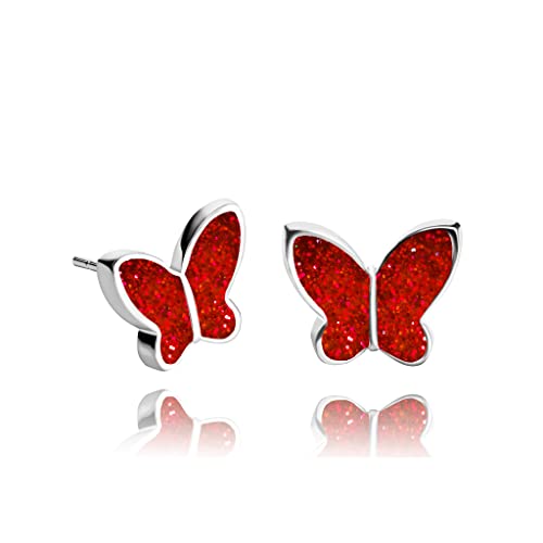 Pendientes Aretes Lindo Pequeño Mariposa Brillo; Regalo Divertido de Cumpleaños para Novia (Rojo Plata)