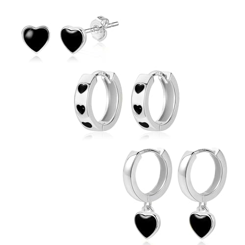 ALEXCRAFT Pendientes Mujer 925 Plata Colgante Corazón Negro 3 Pendientes De Aro Conjunto De Joyería...