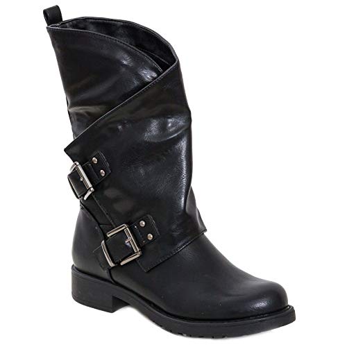 Toocool - Botas bajas para mujer de motorista, con hebillas anfibias SA9907, Negro , 38 EU