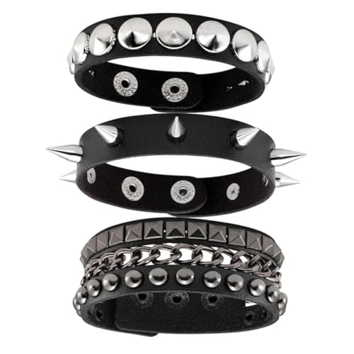 Fenglin-joy Pulseras de Punk de Cuero,3 piezas Punk Pulsera Punk Brazalete 80 de Rock Góticos de Unisex...