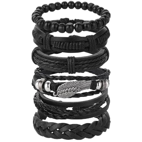 Yolev 6 Piezas Pulseras Cuero Hombre Conjunto de Pulsera Hombre Cuero Trenzado Punk para Hombre Mujer...