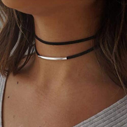 Handcess Punk Collar en capas Gargantilla de barra de plata Collares de terciopelo negro Cadena para mujeres y...