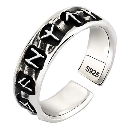 ForFox Anillo de runas vikingas de Plata de Ley 925 Negro joyería nórdica para Hombre Mujer Abierto...