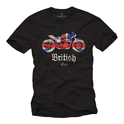 MAKAYA Camiseta Motero Hombre - Union Jack Bandera con Moto British Motorcycle Negro Talla L