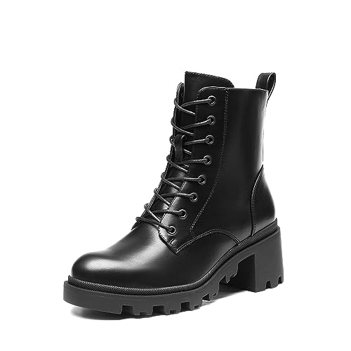 DREAM PAIRS Botas Militares Mujer con Tacon Ancho Botines Mujer Invierno Botas de Cordones con Cremallera Moda...