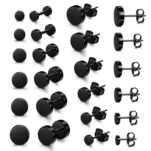 Yadoca 12 Pares Acero Inoxidable Pendientes Para hombres y Mujeres Negro Redondos 3-8mm Set Pendientes