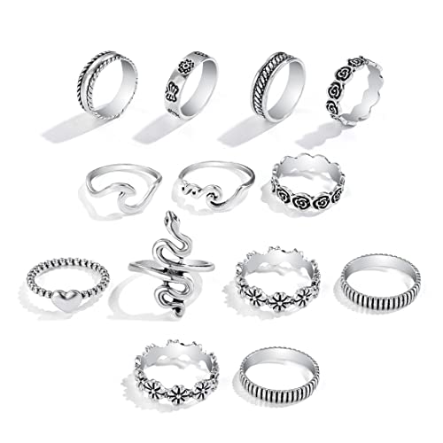 LEEQBCR 13 piezas Juego de anillos de nudillos vintage de plata apilables anillos de dedo de serpiente tamaño...
