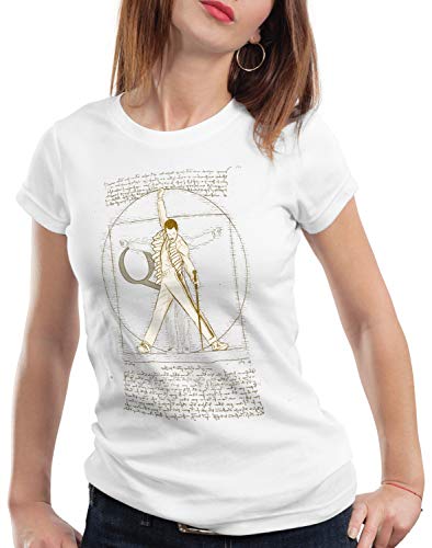 style3 Freddie de Vitruvio Camiseta para Mujer T-Shirt da Vinci Live Rock You Festival, Color:Blanco, Talla:S