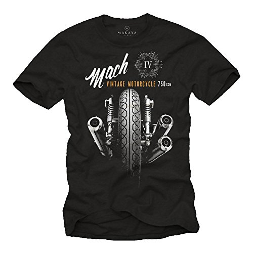 MAKAYA Camisetas Moteras - Vintage Moto Mach 4 Hombre Negro XXXL