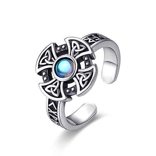 Anillo vikingo de plata de ley 925, cruz celta, piedra lunar, anillo abierto, anillo celta, joyería retro,...