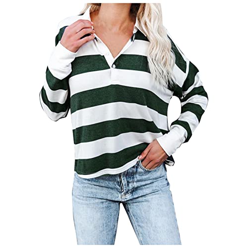 Camiseta de manga larga informal con estampado de rayas sueltas para mujer, verde, XXL