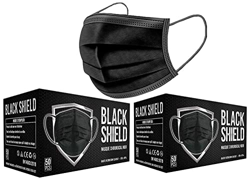 Black Shield - 102 unidades - Mascarilla Quirúrgica Tipo I Negra - Certificación CE - 3 capas - Filtración...