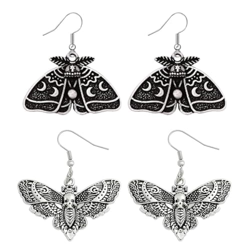 WKRTDY Pendientes de polilla mariposa gótica, retro y punk con colgante de muerte y calavera, Set de 2 pares...