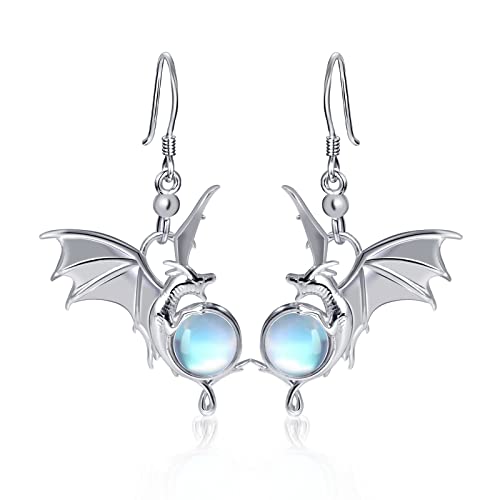 Qings Pendientes de Colgante Dragón para Mujeres Plata de Ley 925 Aretes de Animales con Piedra de Luna...