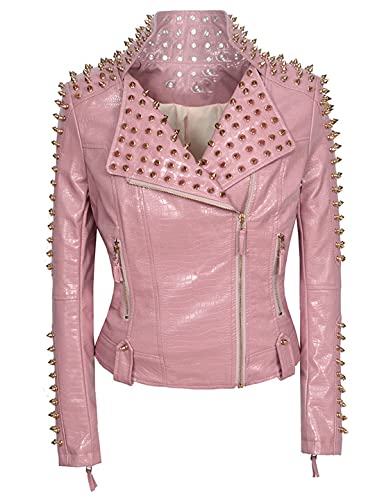 Señoras Club Remache Slim Chaqueta Hombro Remache Cremallera Costura Corta PU Cuero Rock Chaqueta, Rosa/Rebel...