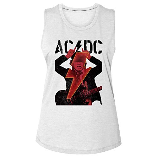 ACDC Rock Band Angus Young & Bolt - Camiseta sin mangas con cuello redondo para mujer, Blanco, Medium