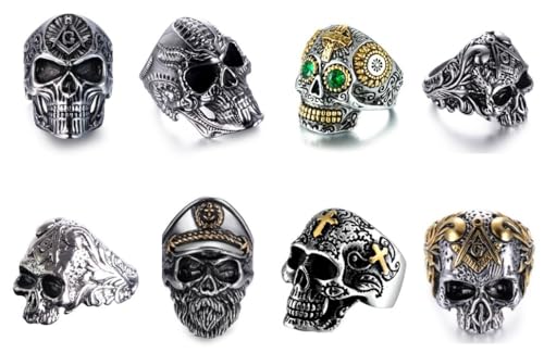 Generisch 5 unidades de anillo de calavera para motero, gótico, plata, para hombre y ciclista, talla 57, Zinc