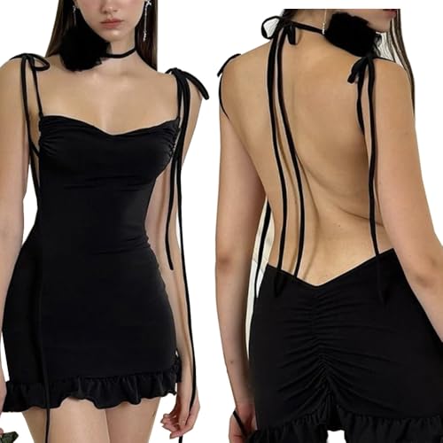 HSAJS Vestido Corto para Mujer Sexy Verano Elegantes sin Espalda Mangas con Tirantes Delgados Bodycon Slim...