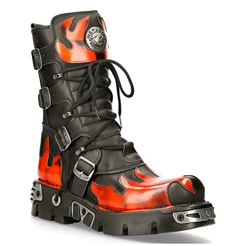 New Rock Botas 591-S1 de Cuero Negro con Llama Roja Metalizada a la Moda Estilo Motociclista Punk Gótico 6