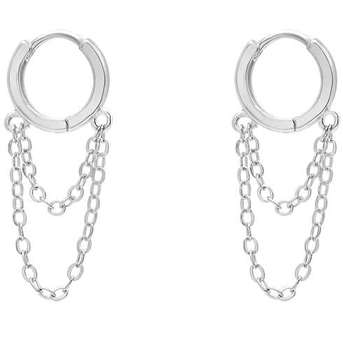 Pendientes mujer plata con forma de aro y doble cadena colgante, fabricados en plata 925 de diseño moderno y...