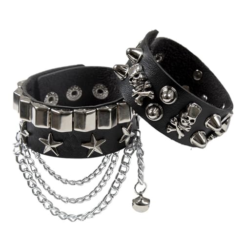 Fenglin-joy Punk Pulsera,2Pcs Pulseras de Punk de Cuero,Rock Brazalete Set, Negro pulseras de piel sintética...