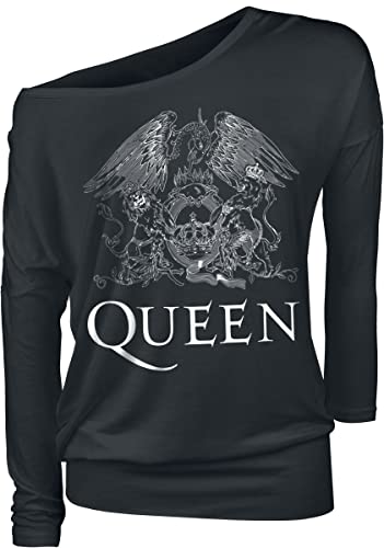 Queen Crest Vintage Mujer Camiseta Manga Larga Negro L 95% Viscosa, 5% elastán Regular