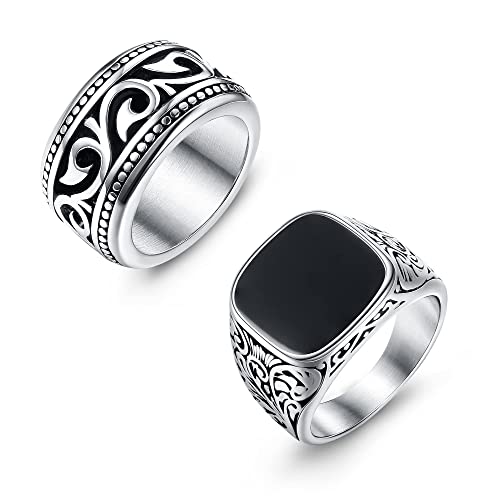 JeryWe 2 Piezas Acero Inoxidable Anillo de Sello Grande con Piedra Negra Turquesa para Hombres Vintage Biker...