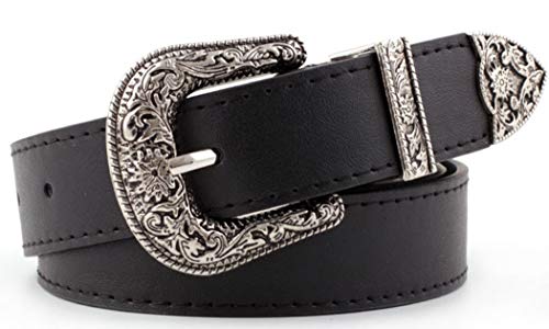 INOGIH Western-Leather-Belts-Cinturones vintage para mujer con hebilla de flores huecas, Negro -, Talla única