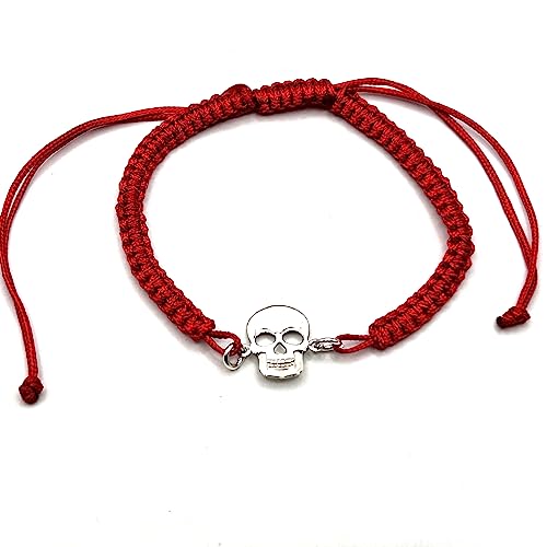 PULSERA MACRAME CON CALAVERA EN PLATA DE LEY (ROJA)