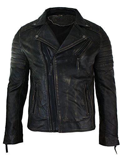 Infinity Chaqueta Ajustada para Caballero, Cuero autentico con Cierre de Cremallera en Cruz Tipo Retro Vintage...
