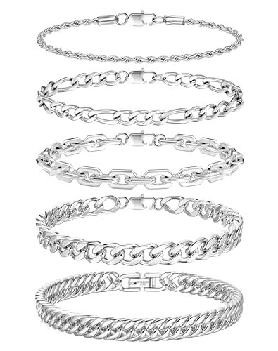 Adramata 5Pcs Pulsera de Hombre Cadena Acero Inoxidable- Pulsera Hombre Plata| Pulsera de Cadenas Cubanas|...