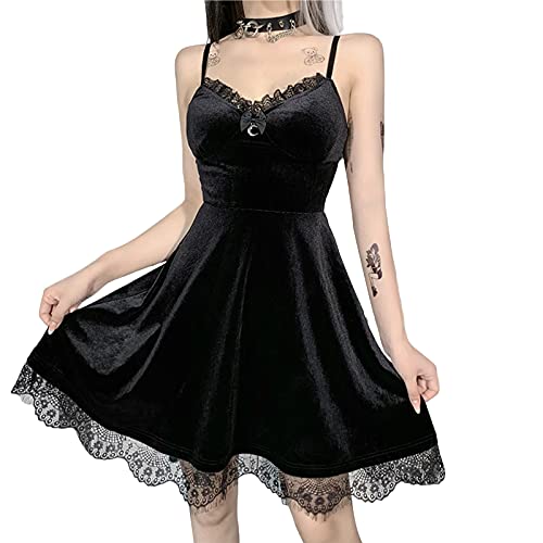 Mini vestido gótico sin mangas Lolita de terciopelo, línea A, con tirantes finos, vintage, punk, gótico.,...