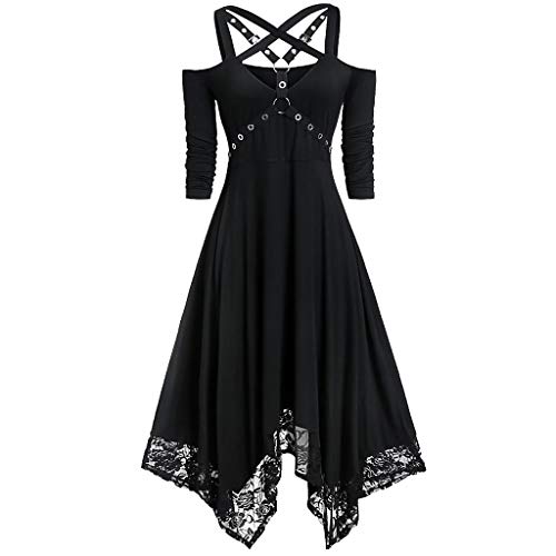 2022 Vestidos largo para Mujer, Moda Fiesta Halloween Vestido de Cóctel color sólido encaje Vestido de Noche...