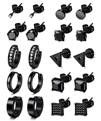 JeweBella 10 Pares Pendientes Hombre Acero Inoxidable Negro Punk Pendientes Cubic Zirconia Pendientes de Aro...