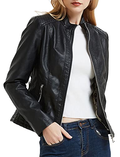 BELLIVERA Chaqueta PU para Mujer Primavera y Otoño Corta Chaqueta de Moda con Cremallera SS811 Negro S