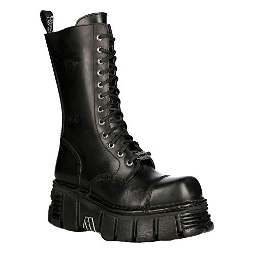 Botas Unisex New Rock M-MILI211C-C1 de 100% Cuero Genuino Negro Metalizado Techno Militar con Cordones de...