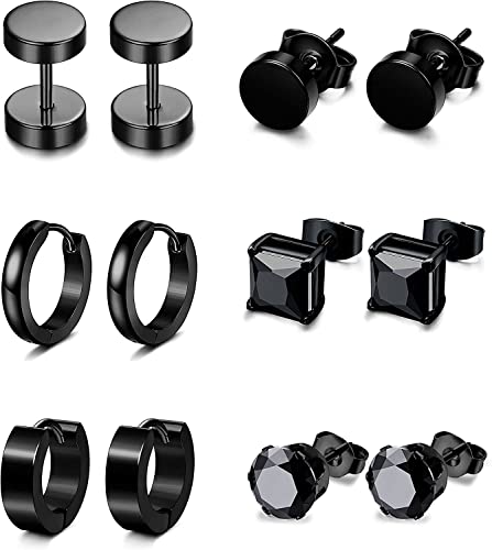 Diamday 6 Pares Acero Inoxidable Pendientes Negro para Hombres Mujeres Redondo Stud Pendientes Aro Huggie...