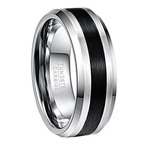 NUNCAD Anillo Mujer Hombre Pareja de Tungsteno Plata 8mm de Ancho con Raya de Negro para Boda Compromiso...