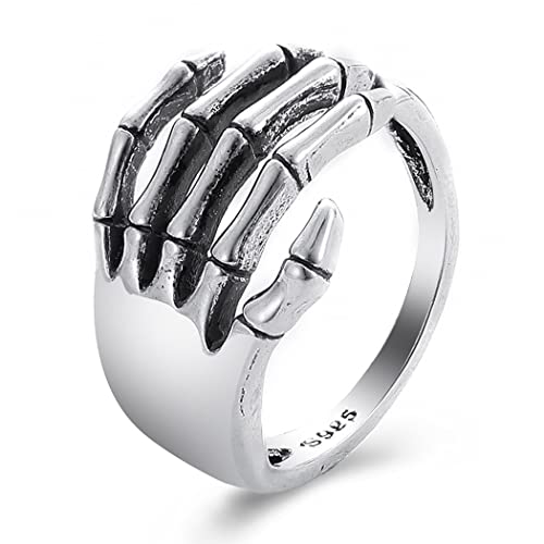 Aukmla Anillo vintage con garra de calavera, anillo de mano de calavera de plata, anillos abiertos ajustables,...