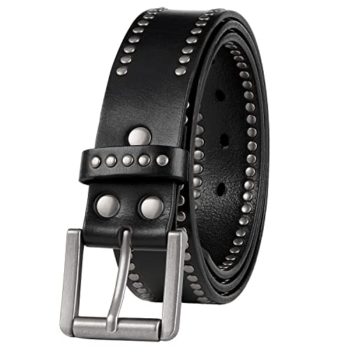 GSG Cinturones de Cuero Genuino con Tachuelas para Hombres para Jeans, Punk Rock Retro Circle Rivet belt con...