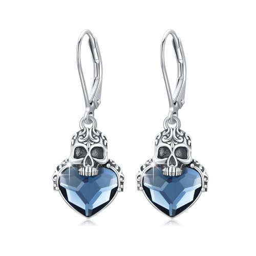 PARYFO Pendientes de calavera de plata de ley 925, pendientes de calavera gótica, azul, rojo, rosa, verde y...