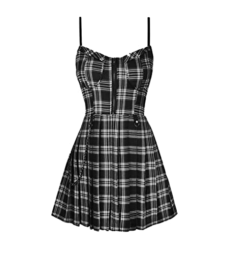 Vestido Gótico Mujer Minivestido De Encaje A Cuadros Vestido con Tirantes Vestido Halloween Cosplay Punk...