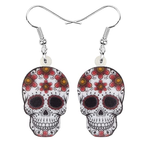 NEWEI Bonitos pendientes de Halloween con diseño de calavera de azúcar, pendientes colgantes de acrílico...