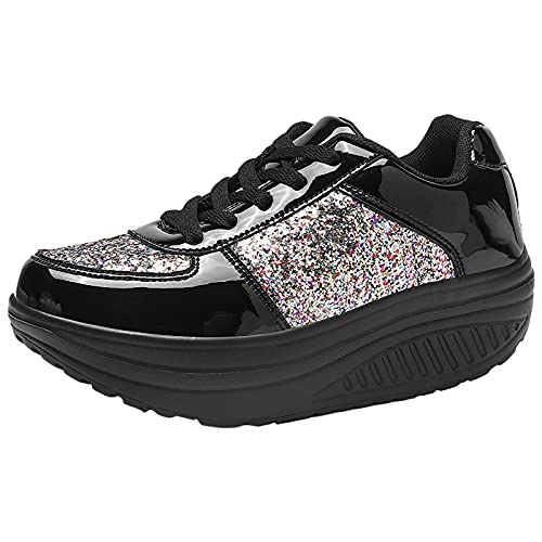 ANUFER Mujer Súper Ligero Plataforma Zapatillas con Cordones Cuña Zapatos Deportivos Negro SN070680 EU38